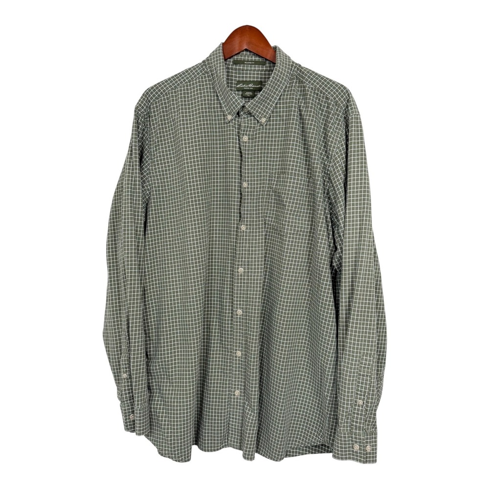 Eddie Bauer Mens TXL Relaxed Fit Cotton Check Button Down Shirt Green 7556